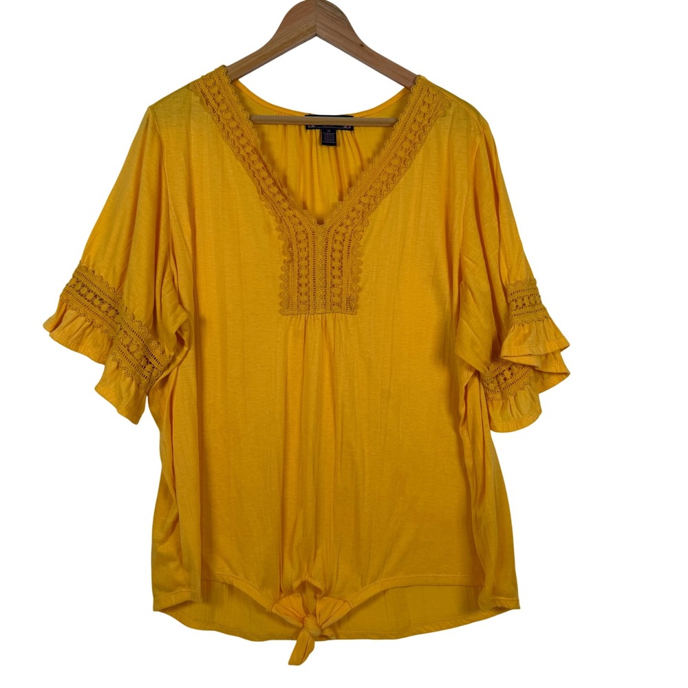 By Design Top Womens 3X Yellow Lace V-Neck Boho Tie Front Ruffle Sleeve‎